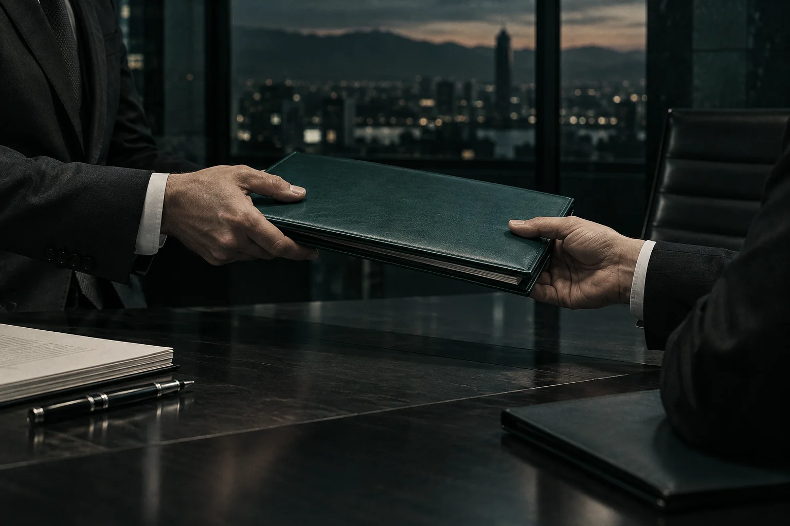 Illustrative corporate scene of a document portfolio being handed between two people.