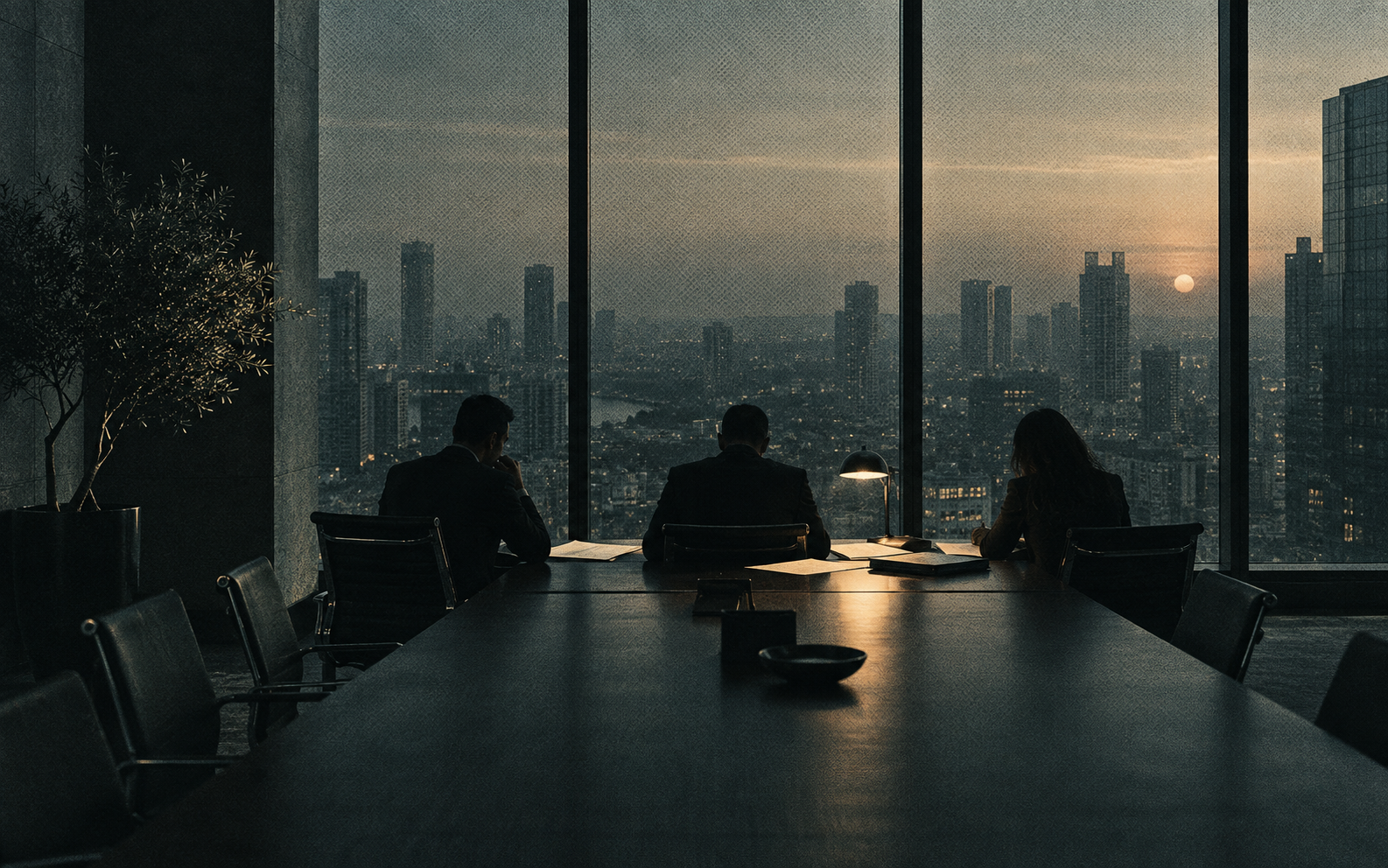 Illustrative corporate office scene at dusk, with a team working around a table.