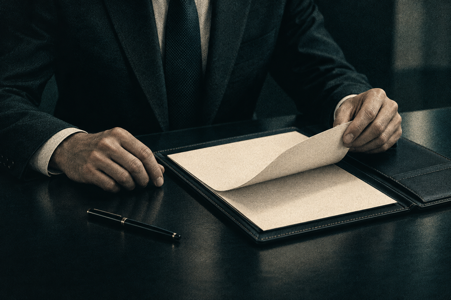 Illustrative close-up of a business document being reviewed in a leather folio.